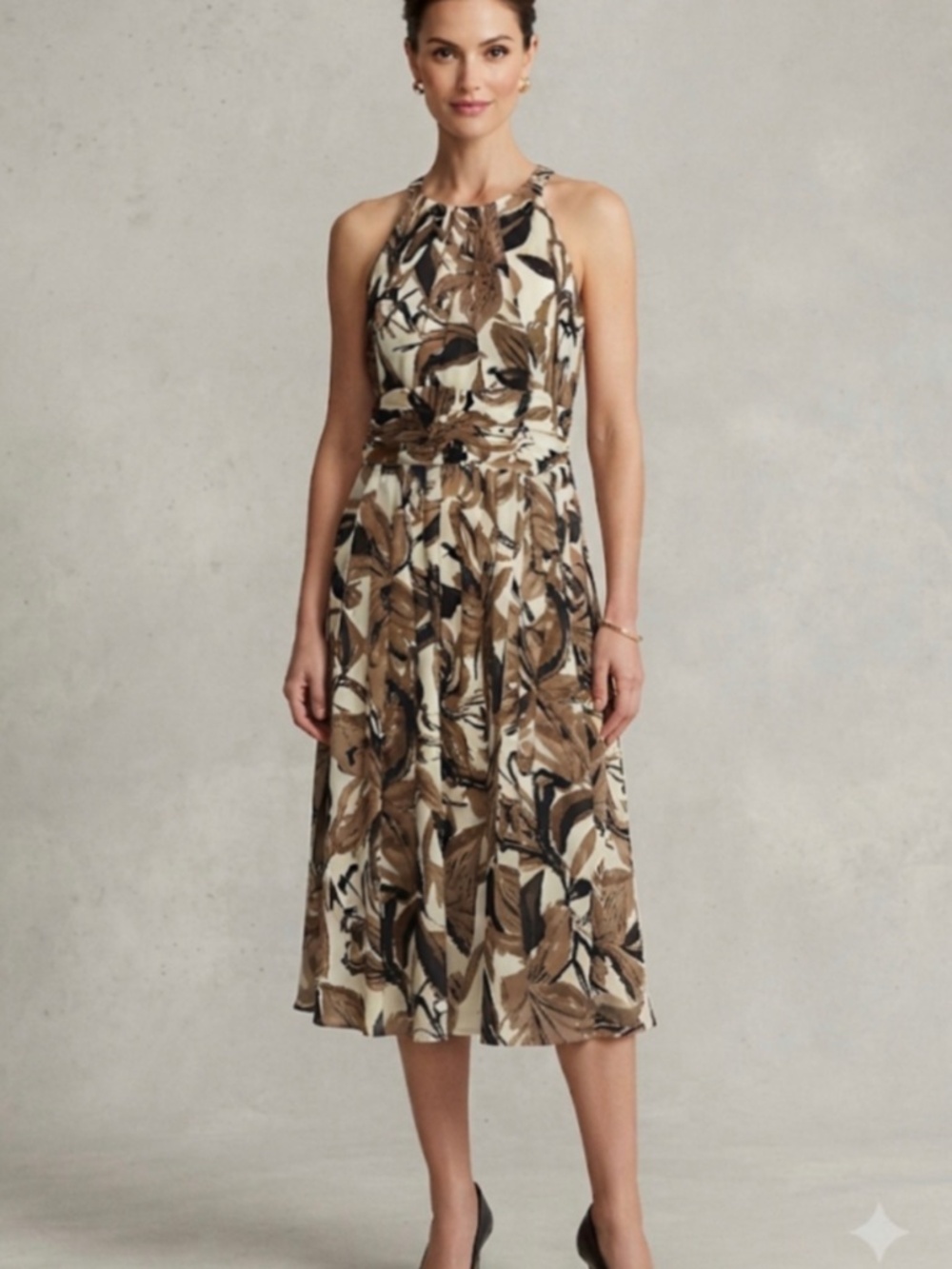Brown and White Floral Midi Dress | Size 6